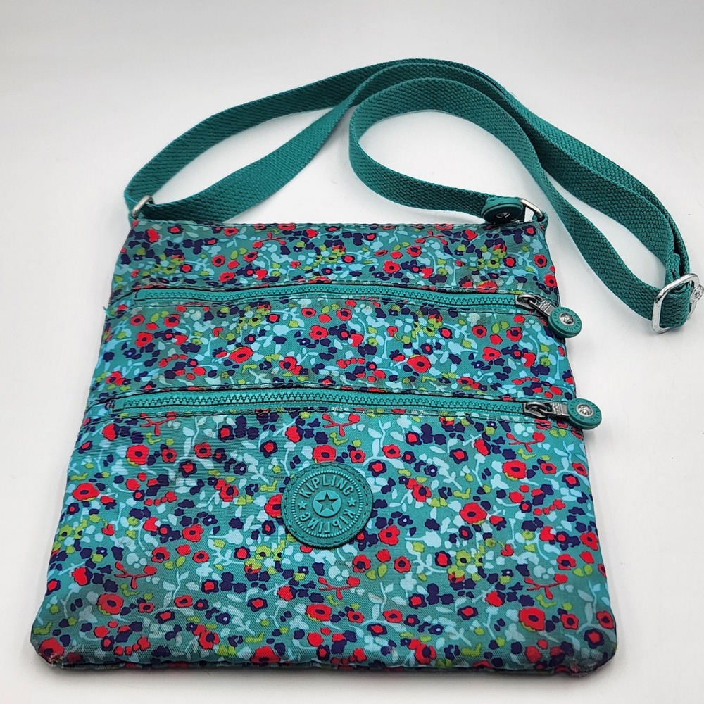 Kipling Floral Crossbody Bag Teal Red Flower Zipper Pockets‎ Adjustable Strap